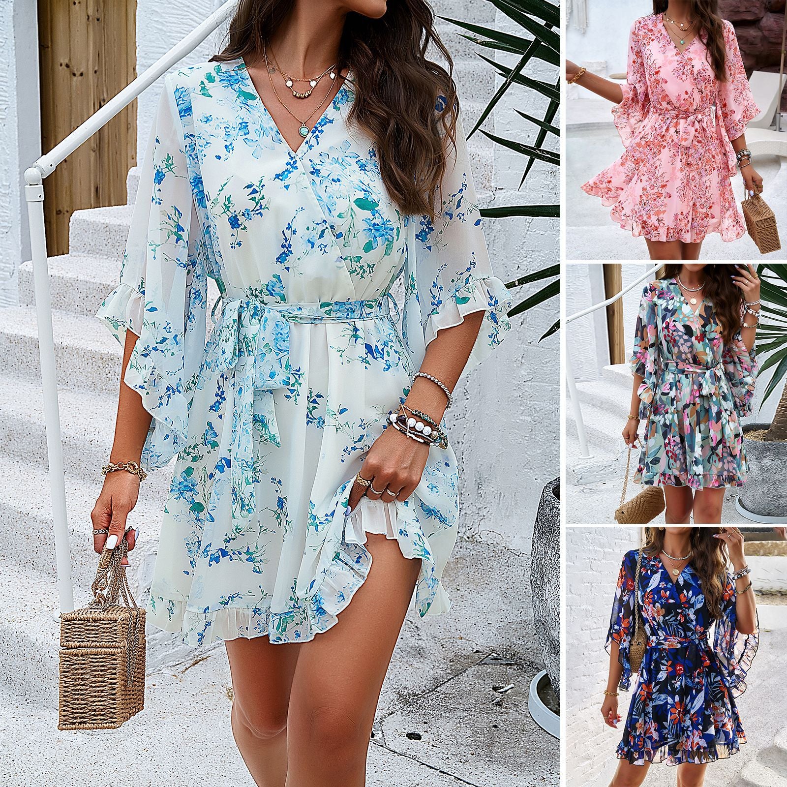 Summer Floral Print Short Sleeves Dress Lace Up Ruffles Design Fashion V-neck Short Dresses Womens Clothing