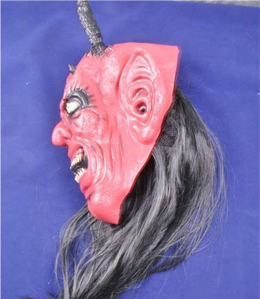 Halloween Scary Latex Devil Head Face Mask Long Hair Party Cosplay Costume Props